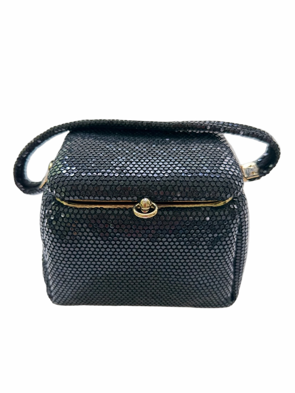 Lumured Vintage Black Sequin Box Purse Gold Frame Hardware Mirror Metal Mesh